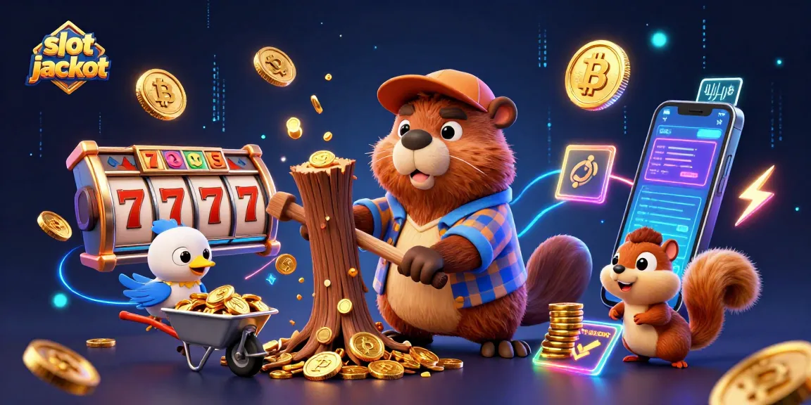 Exciting slot jackpot scene featuring a 3D cartoon lumberjack beaver surrounded by falling gold coins and gaming elements.