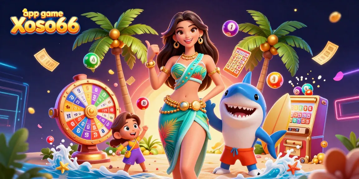 Experience the app game Xoso66 with vibrant lottery elements and dynamic characters in a rich gambling atmosphere.