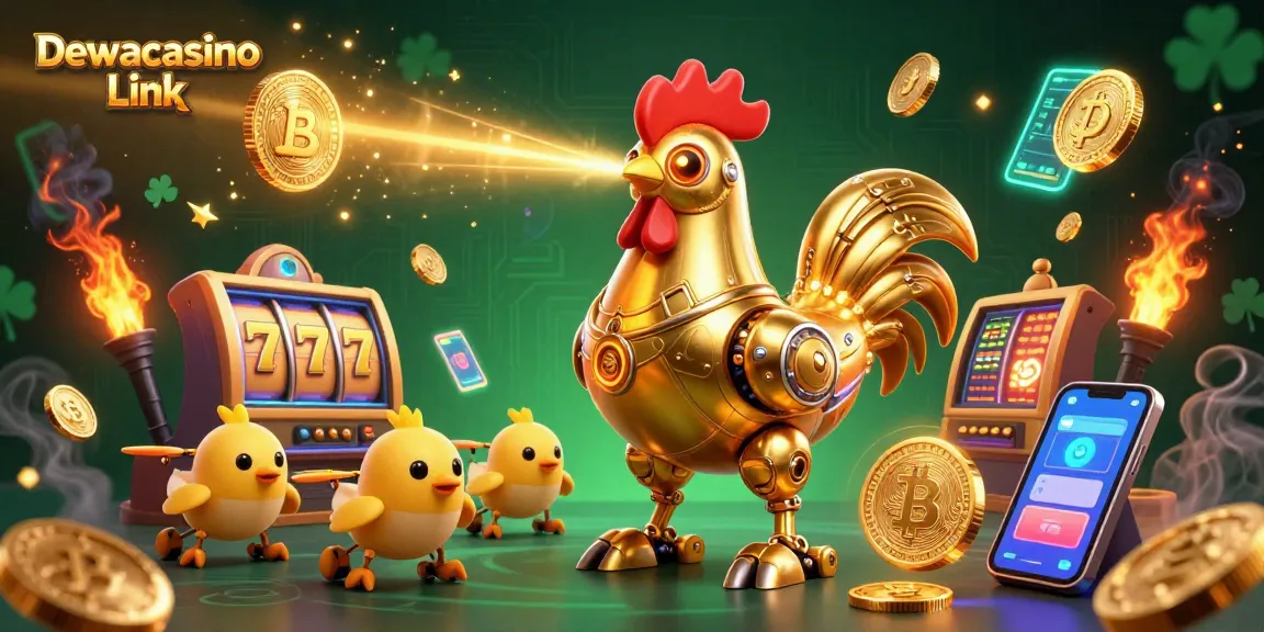 Dewacasino Link showcases a vibrant scene featuring a golden rooster robot, slot machines, and crypto elements in an engaging 3D illustration.