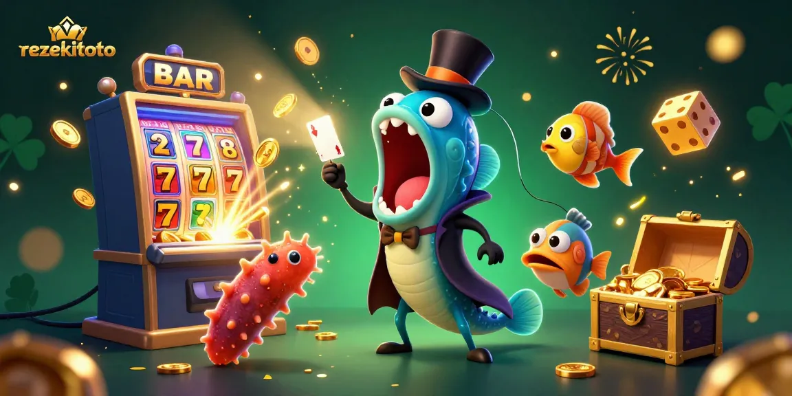 Experience thrilling wins with rezekitoto's vibrant 3D casino illustration showing animated characters alongside massive slot machines.