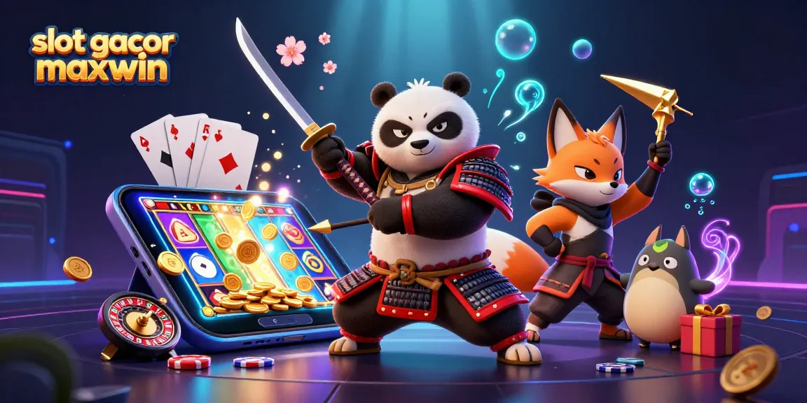 Slot gacor maxwin menampilkan panda samurai dan rubah ninja dalam ilustrasi 3D yang dinamis.