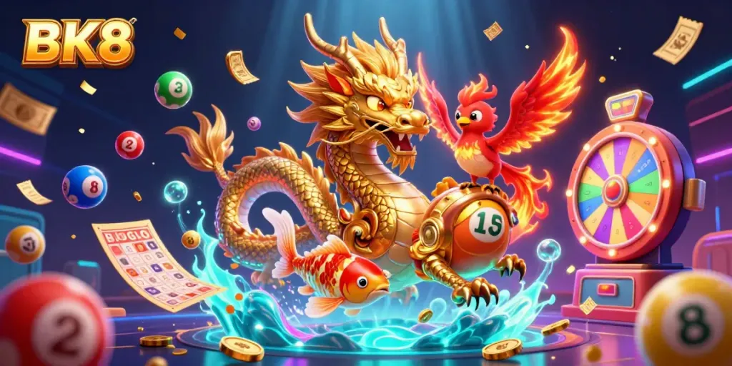 Experience the excitement of BK8 as the fierce golden dragon, phoenix, and koi fish celebrate amidst a vibrant casino scene.