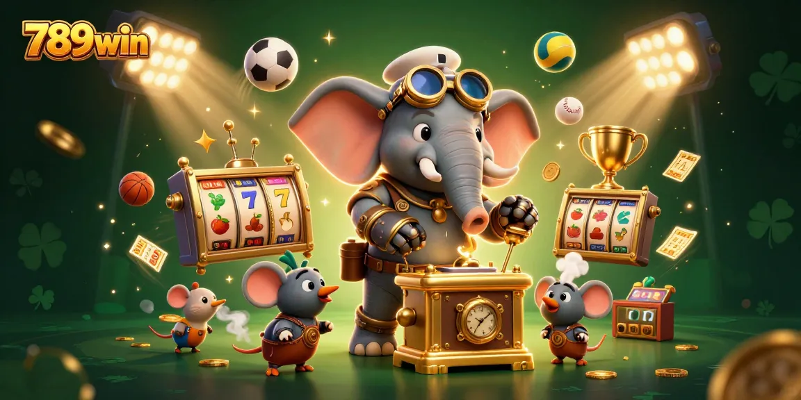 Engage in exciting gambling action with 789win, where a steampunk elephant operates a golden slot machine.