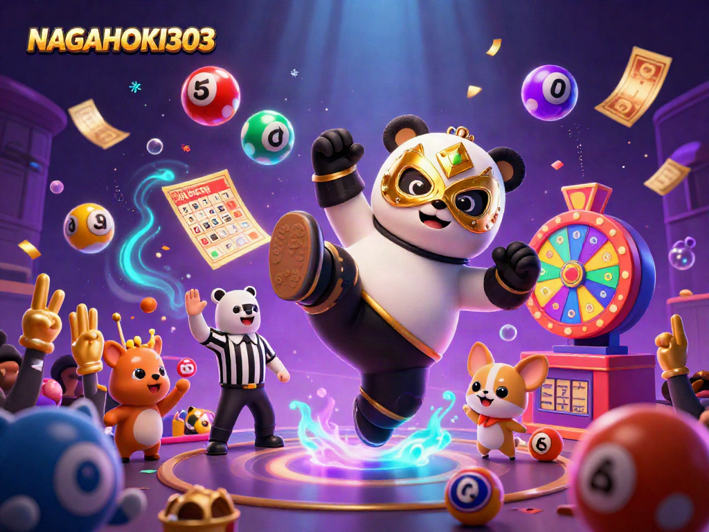 Aktivitas NAGAHOKI303 dengan panda pegulat dan tiket emas dalam suasana ceria.