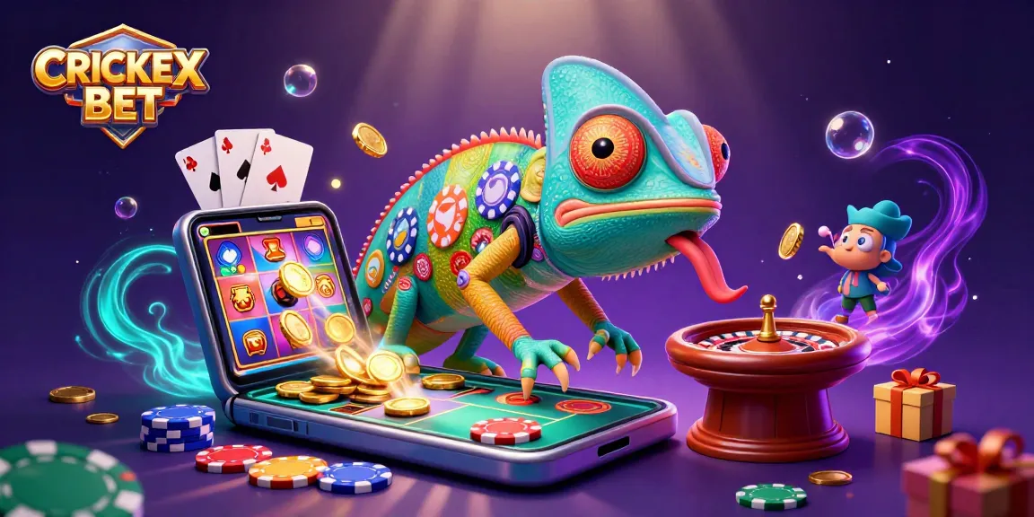 Experience the exciting CRICKEX BET scene with colorful games and a dynamic chameleon character.