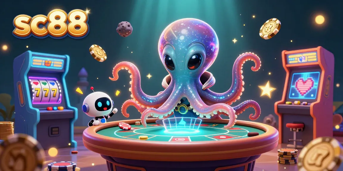 Engage in thrilling sc88 gaming with an alien octopus at a holographic poker table beneath space-themed elements.