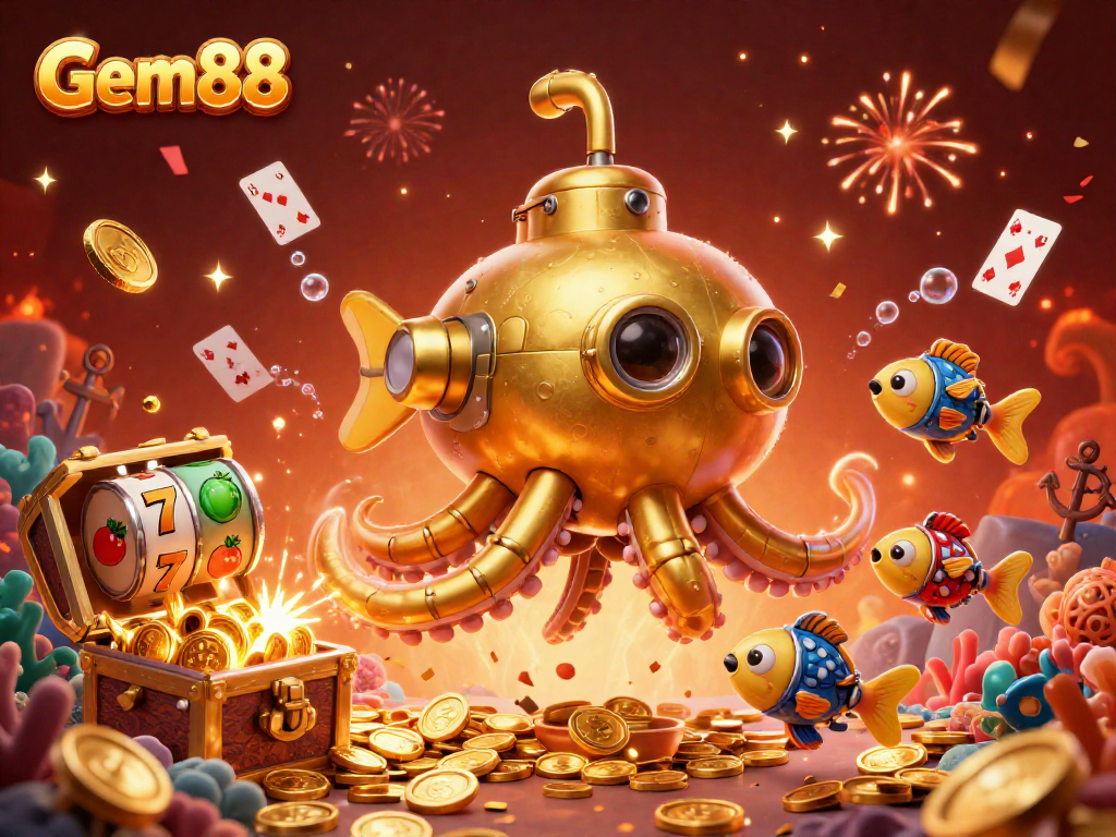 Experience thrilling wins at Gem88 with a vibrant underwater casino adventure featuring golden treasures and dynamic game elements.
