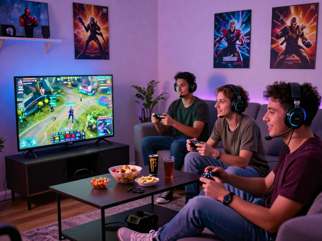 Friends gaming together in a vibrant atmosphere, showcasing how mpocash.blog connects gamers for online fun.