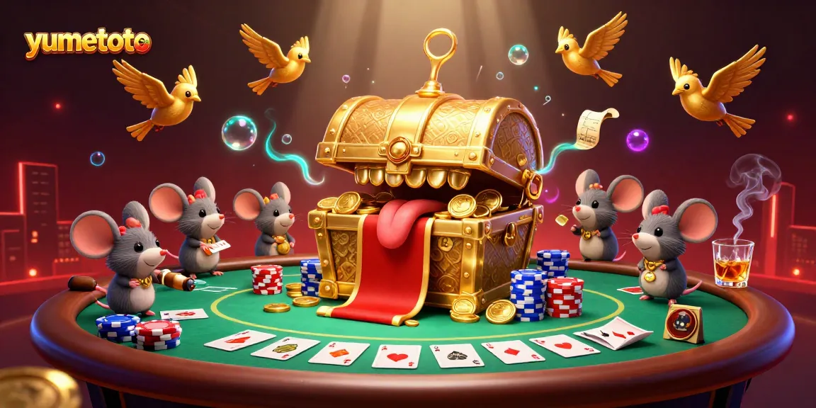 Experience the thrill of yumetoto with a vibrant poker scene featuring treasure chests and sparkling casino elements.