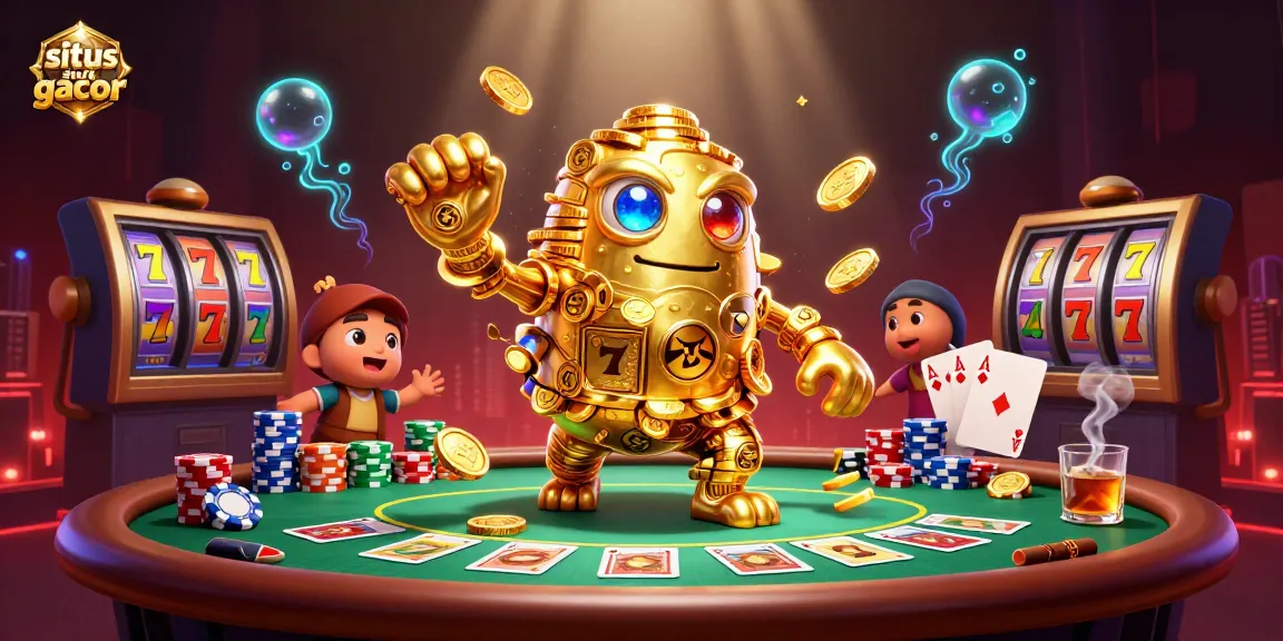 Experience the excitement of situs slot gacor with a captivating 3D illustration featuring a golden golem and poker elements.