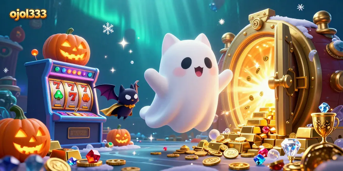 Experience the thrilling world of ojol333 with a vibrant casino scene featuring a ghost cat, vampire bat, and glowing jack-o-lanterns.