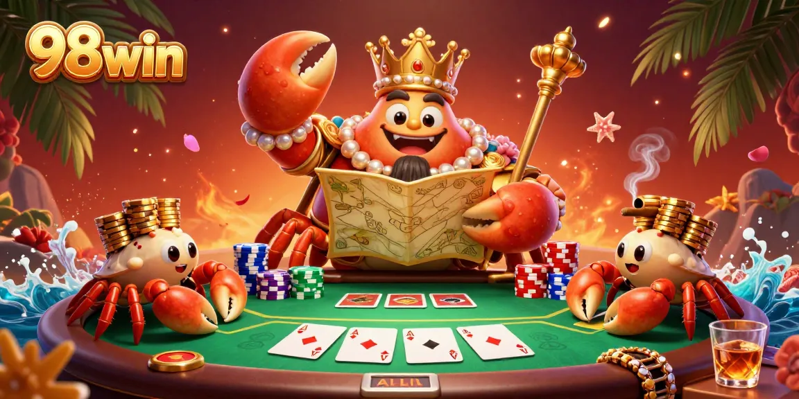 Experience the thrilling world of 98win casino gaming with a cartoon crab emperor and vibrant poker scene.