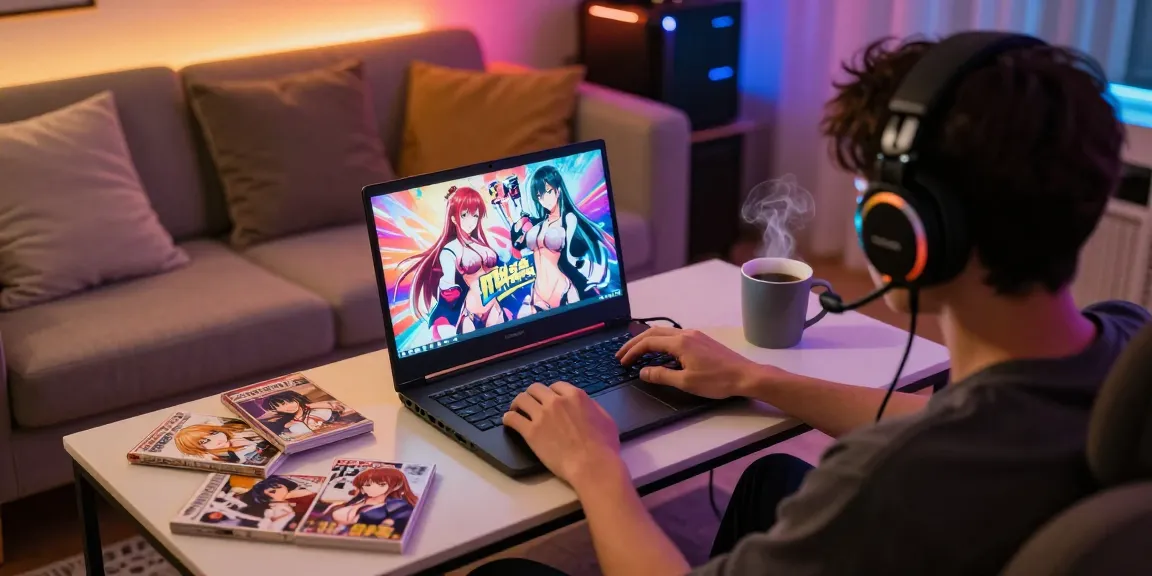 Engaged gamer enjoying hentai games in a cozy, dimly lit room with vibrant graphics and immersive atmosphere.