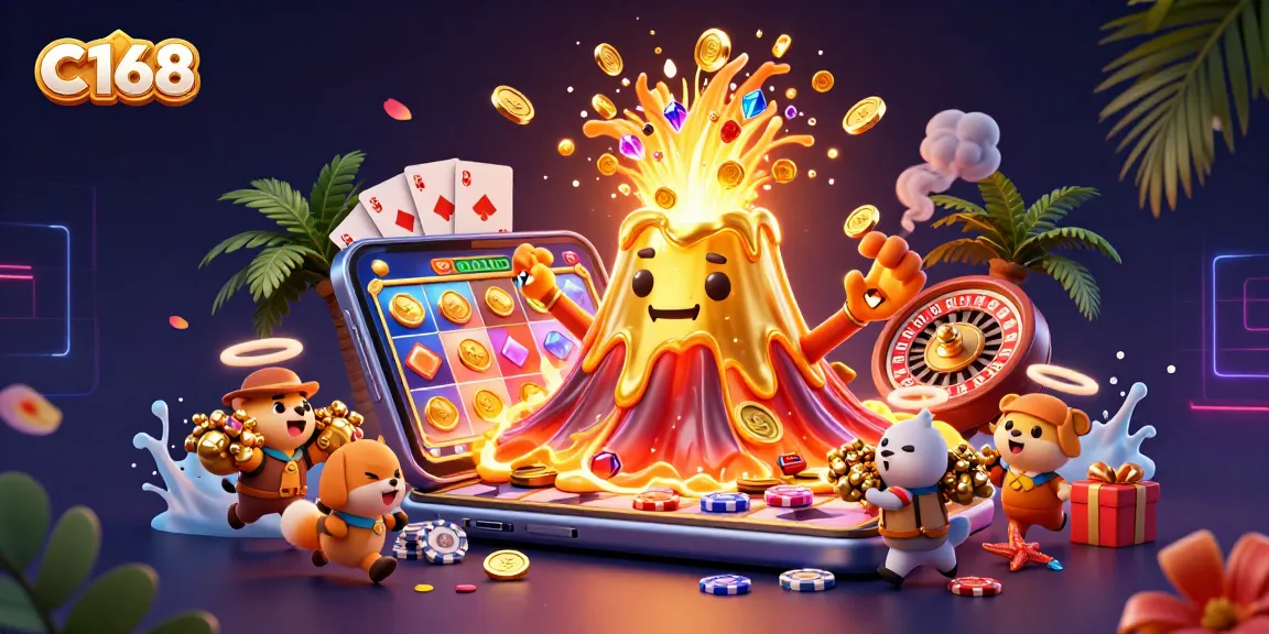 C168's thrilling gaming adventure with treasures erupting from a golden volcano amidst vibrant casino elements.