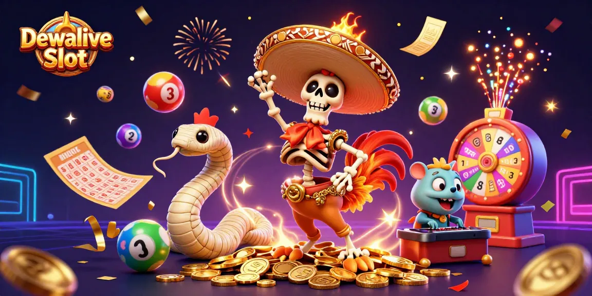 Dewalive Slot features a vibrant 3D celebration scene with dynamic characters amidst colorful casino elements.