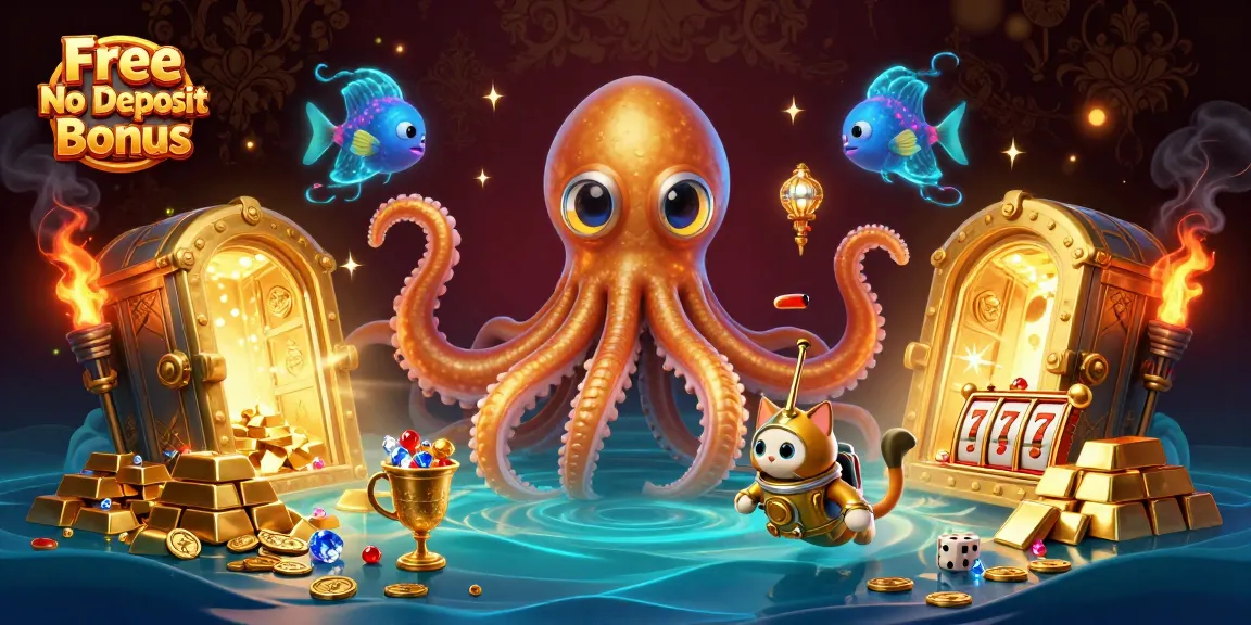 Play with a Free No Deposit Bonus at a vibrant casino scene featuring a colossal kraken.