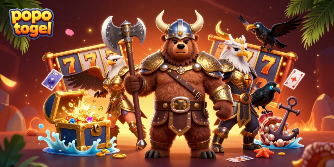 Experience the excitement of popo togel with a Viking bear, Valkyrie eagle, and winning casino elements.
