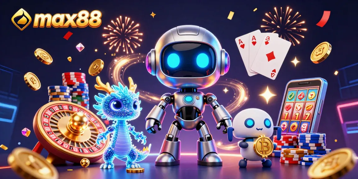 Max88 showcases an engaging 3D scene with a cyberpunk robot, NFT dragon, and bitcoin drone amidst cascading coins.