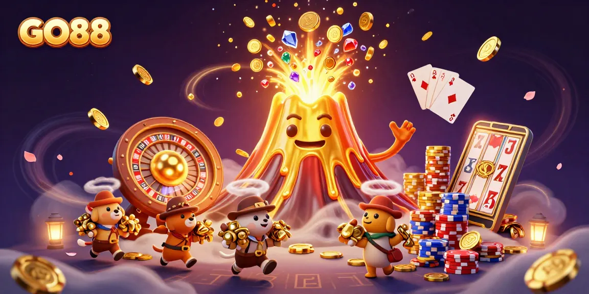 GO88 players seize treasure amidst a vibrant casino eruption in this thrilling digital illustration.