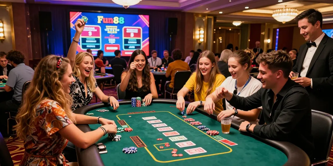 Group of friends celebrating at a fun88casino gaming table filled with colorful chips and cards, vibrant casino atmosphere.