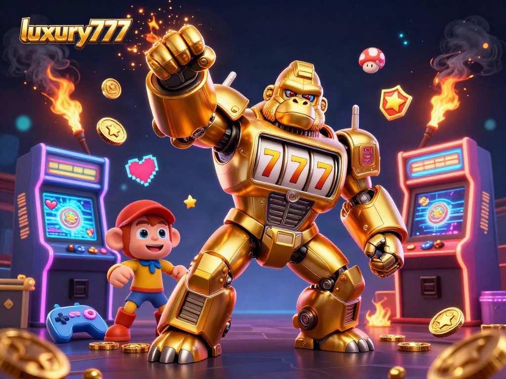 Merayakan keberuntungan dengan luxury777, gorila emas dan mesin slot yang berkilau.