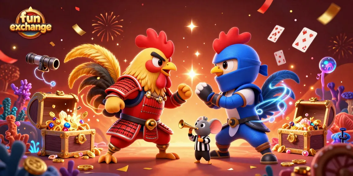 Dynamic standoff of fun exchange mascots, cartoon roosters in samurai and ninja attire, with explosive casino elements.