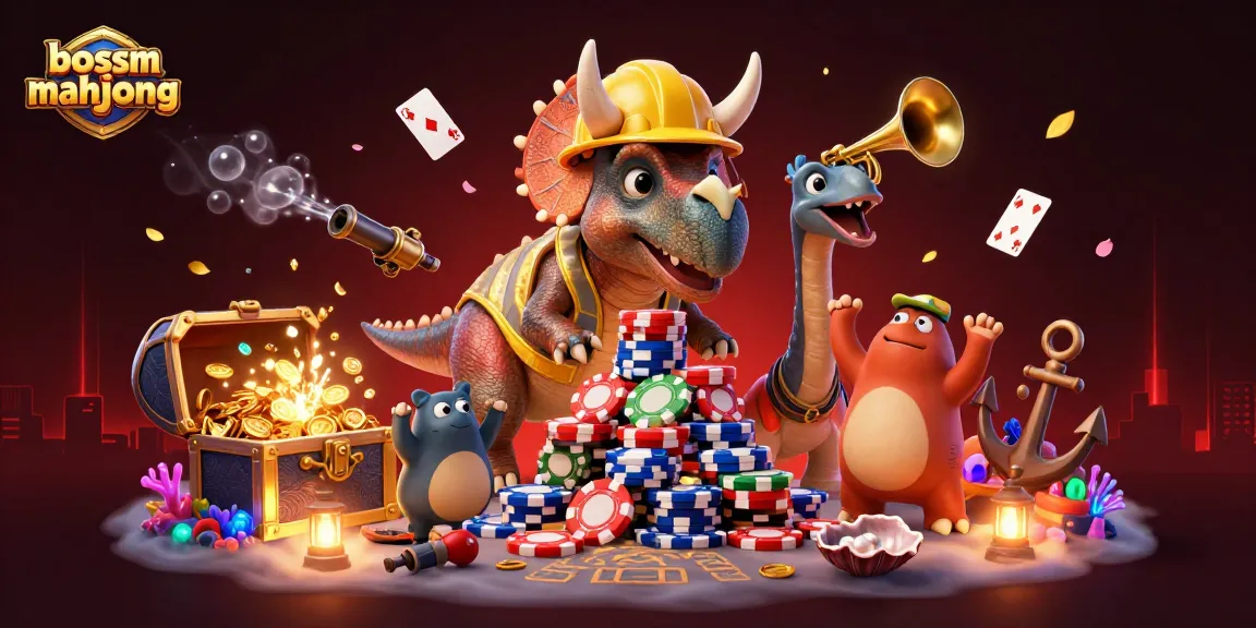 Menguji kekuatan bossmahjong dengan triceratops membangun chips poker di latar kasino yang meriah.