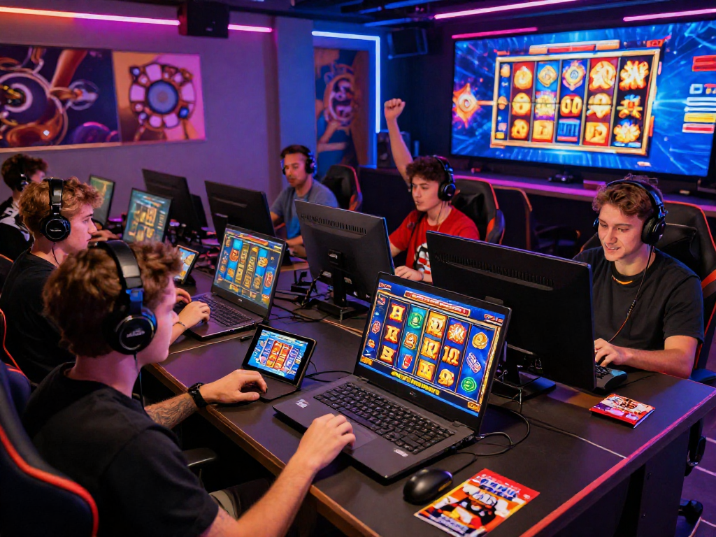 GARUDA55 online players celebrating big wins in an energetic gaming lounge filled with vibrant lights and slot machines.
