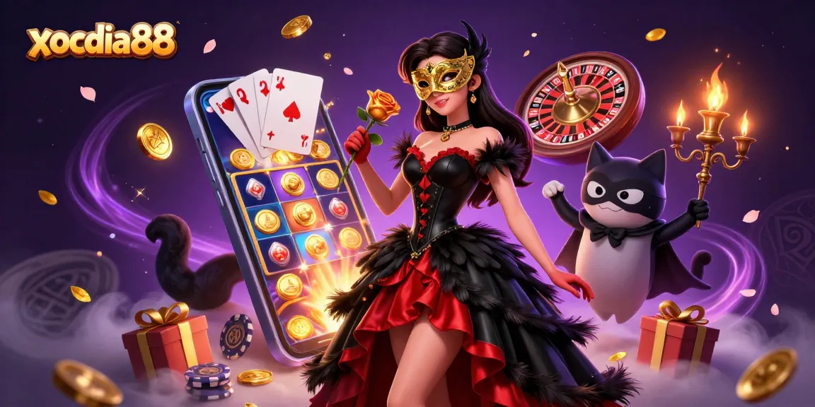 Xocdia88 showcases a dynamic casino scene with vibrant gaming elements and a stunning character in opulent attire.