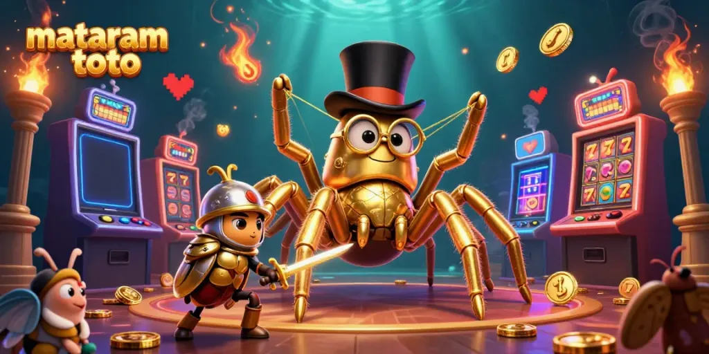 Experience thrilling gameplay at mataram toto with golden tarantula and beetle knight in a captivating casino scene.