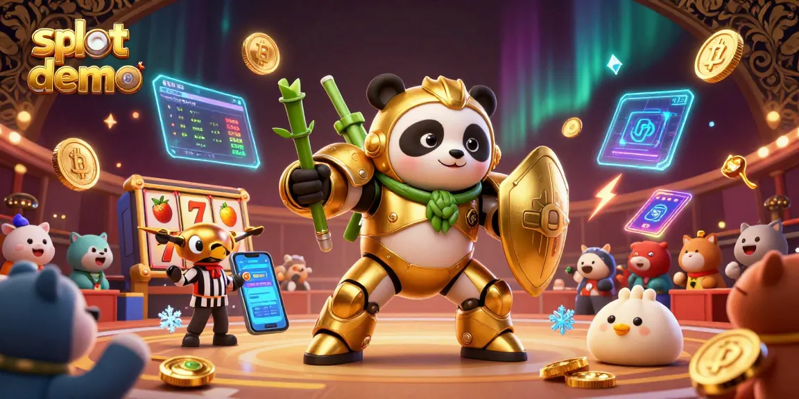 Engage with slot demo games in a vibrant 3D scene featuring a panda robot and crypto elements.
