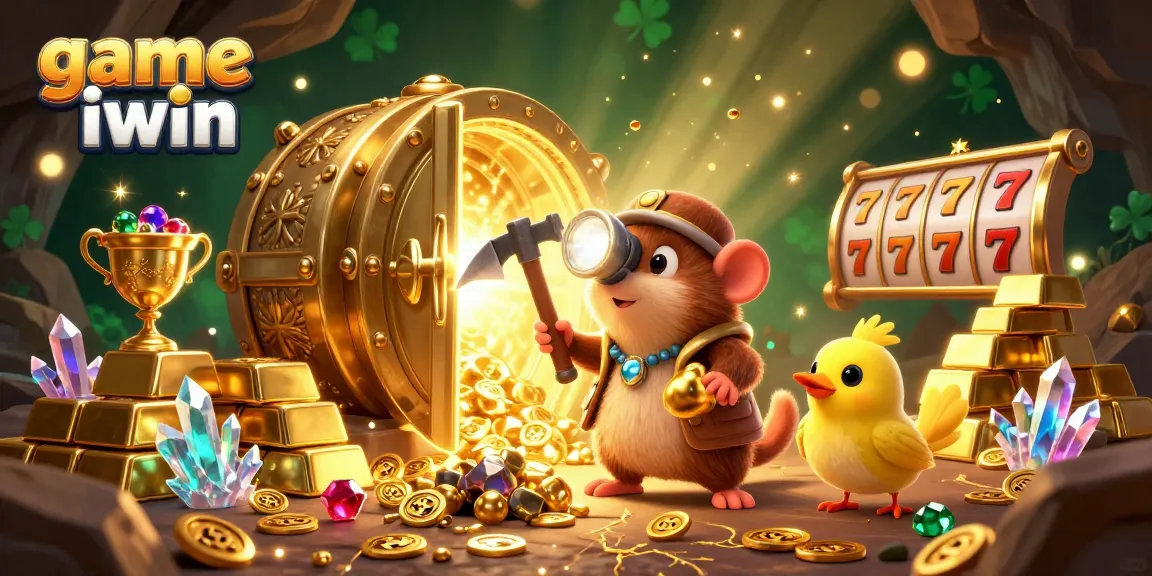 Engage in game iwin with a vibrant 3D scene featuring treasure hunter characters, slots, and gold treasures.