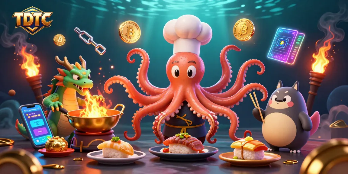 TDTC-themed illustration showcasing an octopus chef crafting dishes amidst cryptocurrency elements and fire effects.