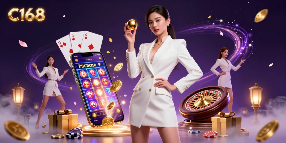 Experience the excitement of C168 casino with a stunning 3D scene showcasing a confident dealer and luxury game elements.