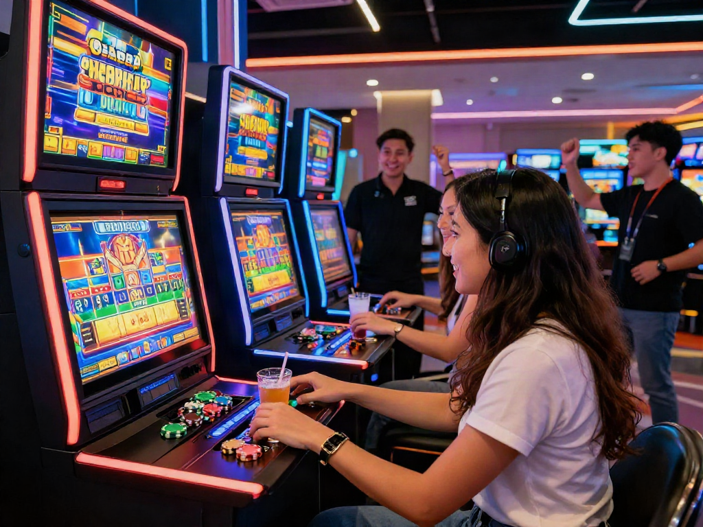 Exciting slot gacor gaming scene with vibrant atmosphere and lively players.