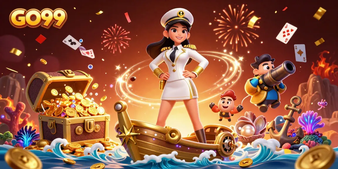 Play thrilling games at GO99 with a vibrant 3D casino scene of treasure and excitement.