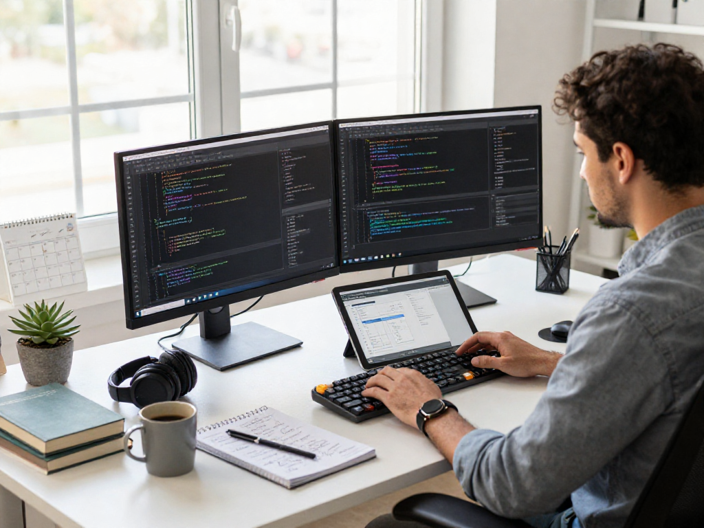 Developer di kantor modern dengan monitor menampilkan wifi4d dan catatan perangkat lunak.