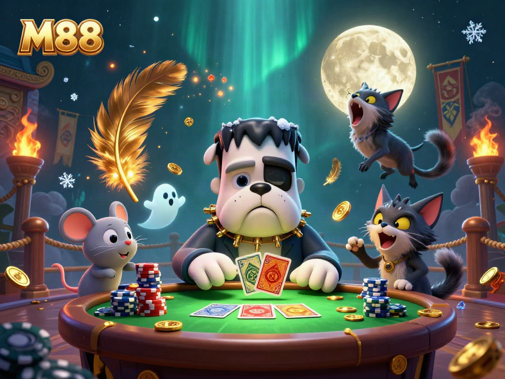 Experience the excitement of M88 with a whimsical 3D illustration of a Frankenstein bulldog dealing cards in a spooky casino.