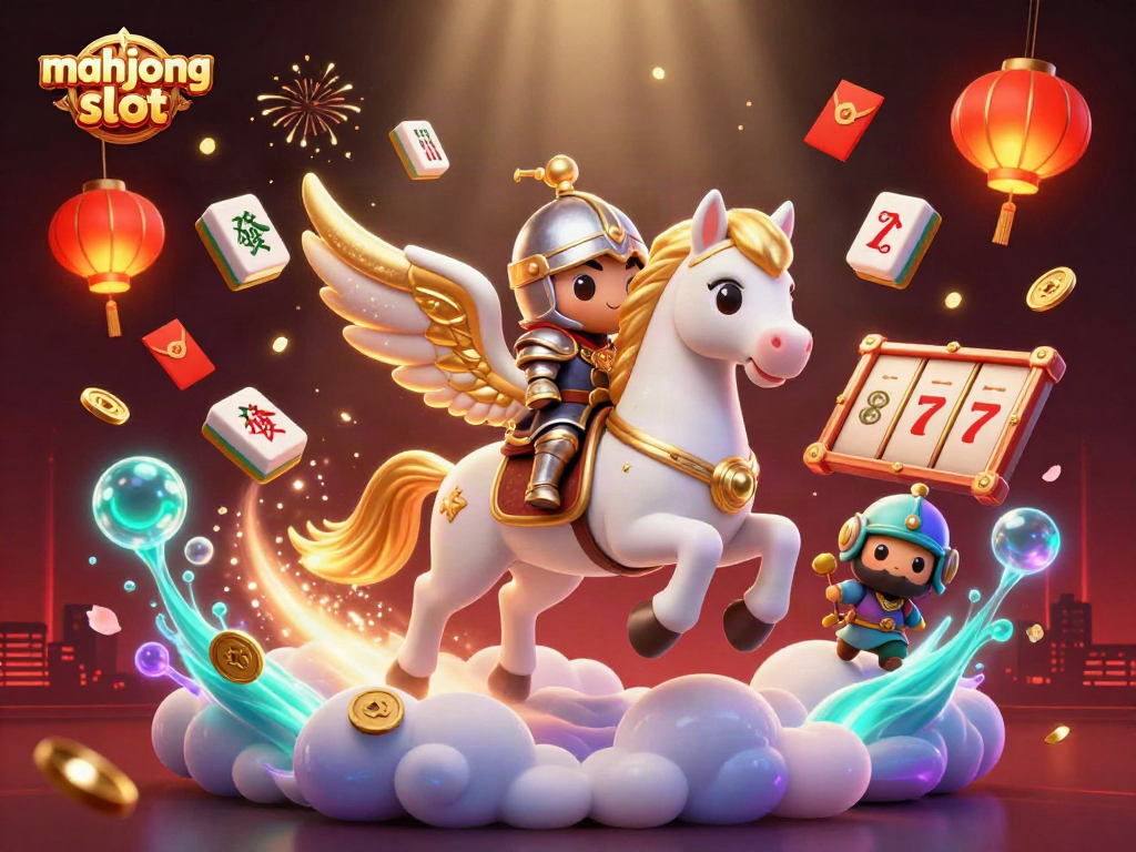Play the exciting mahjong slot game featuring dynamic visuals of a galloping horse, knight, and floating tiles.