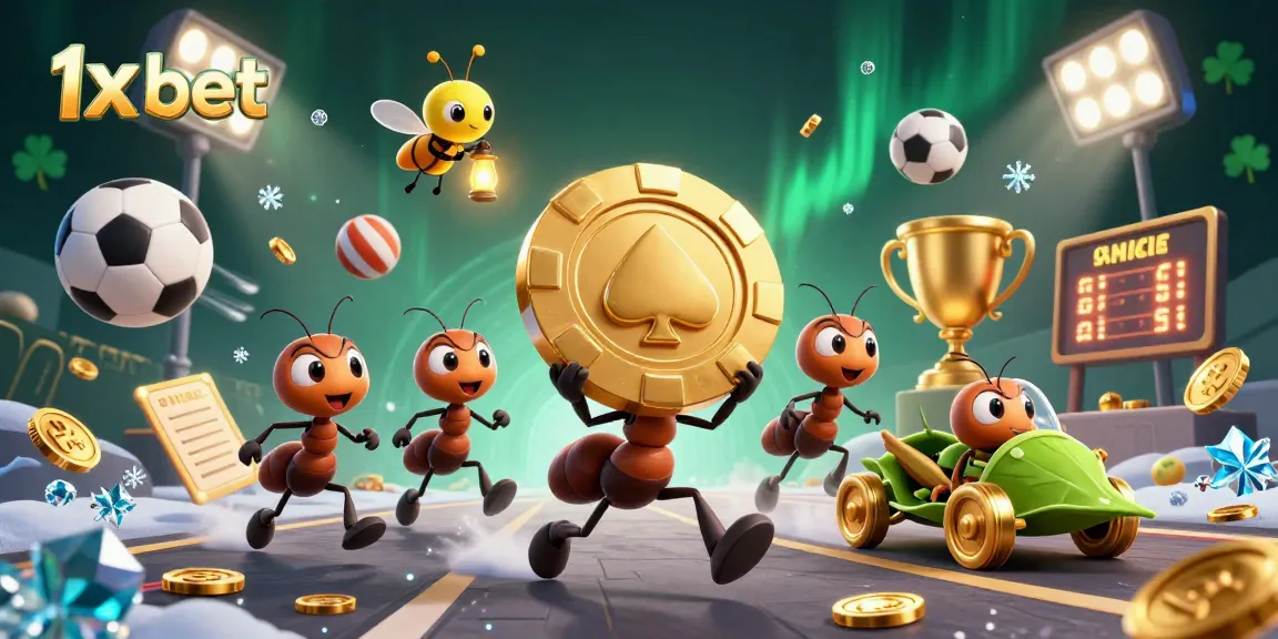 Engage with 1x bet through dynamic sports betting heist illustration featuring ants and vibrant elements.