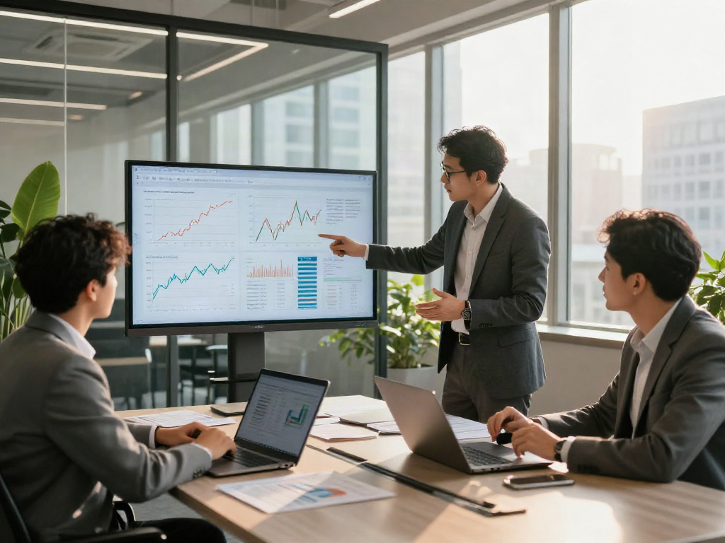 Investment professional analyzing strategies to deposit 10k in modern office.