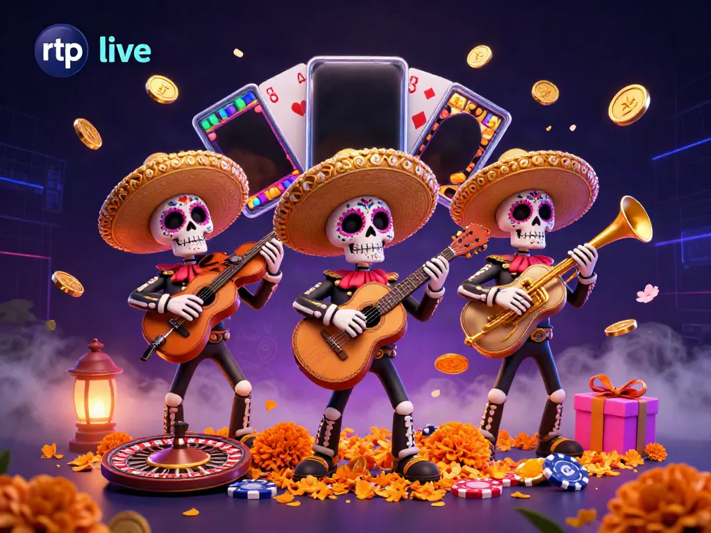 Experience thrilling rtp live action with a lively mariachi band highlighting casino elements in this vibrant illustration.