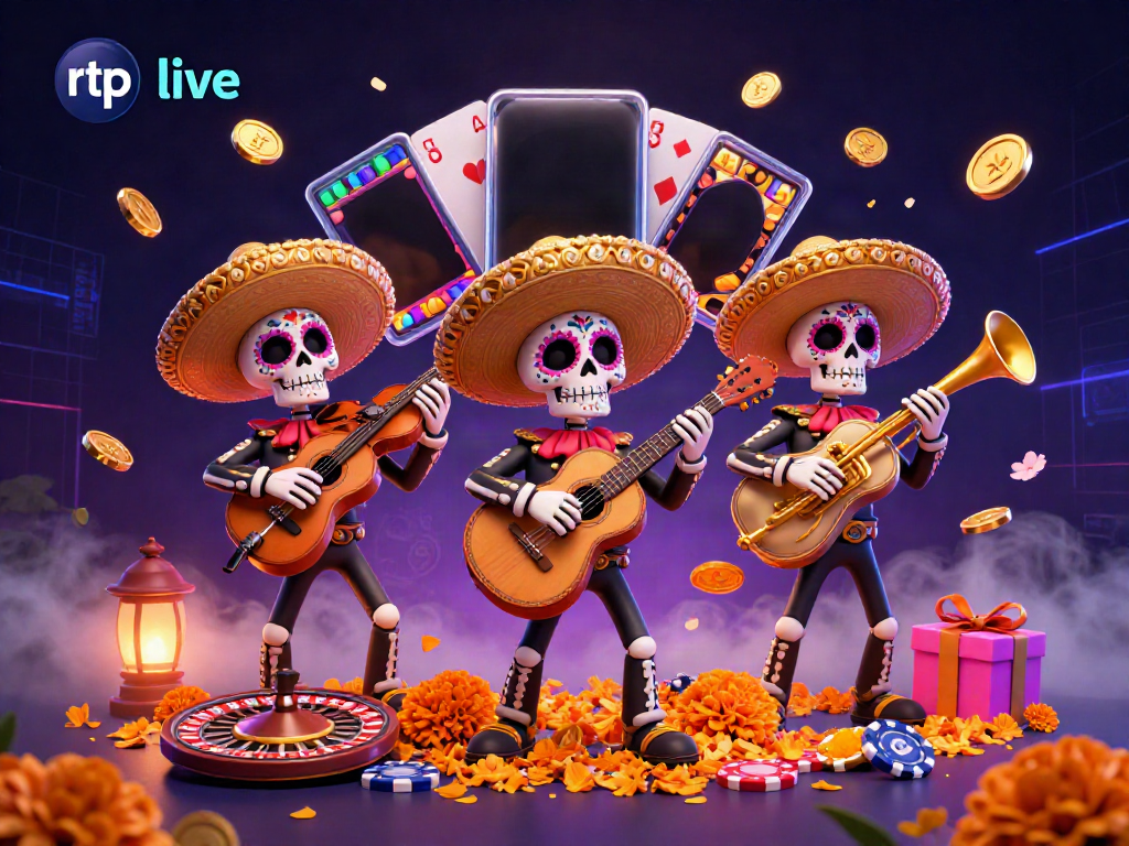 Experience thrilling rtp live action with a lively mariachi band highlighting casino elements in this vibrant illustration.