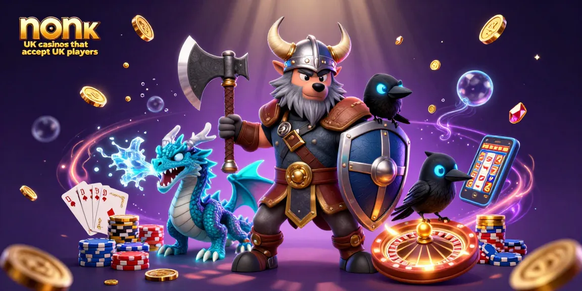 Explore non UK casinos that accept UK players featuring a Viking wolf warrior, dragon, and raven amidst casino elements.
