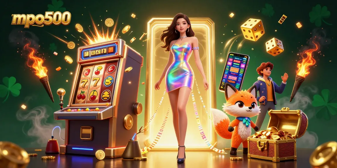 Experience the excitement of mpo500 with vibrant illustrations of captivating casino games and jackpots.