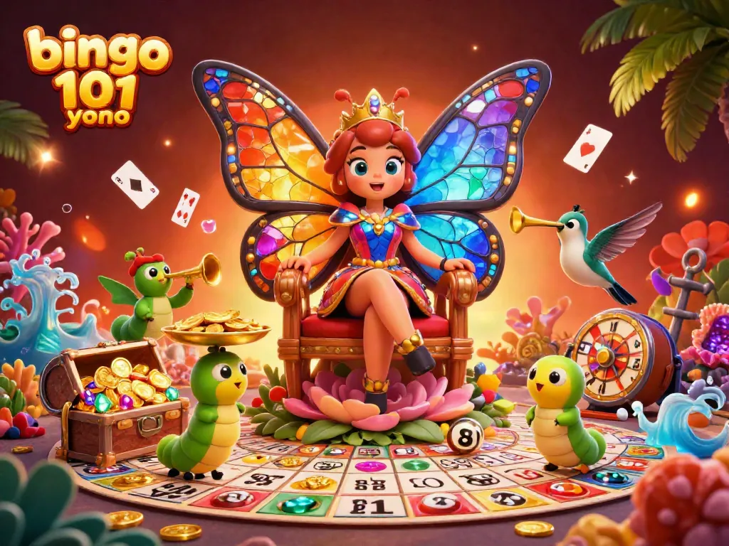 Bingo 101 Yono scene with vibrant characters including a butterfly queen and bingo elements.