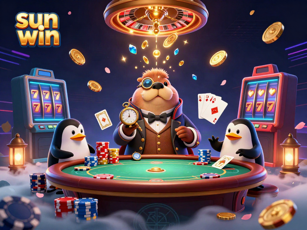 Enjoy a lively game at Sun Win's underwater poker table featuring a walrus, penguin dealer, and a bluffing pufferfish.