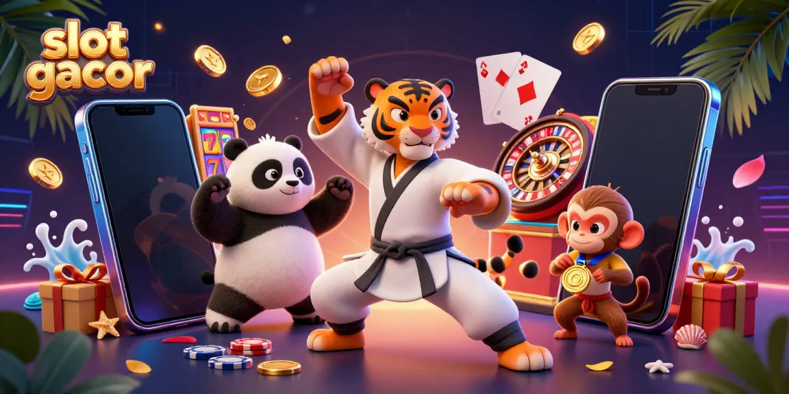 Karakter slot gacor berinteraksi dalam ilustrasi 3D dengan simbol jackpot dan koin emas.