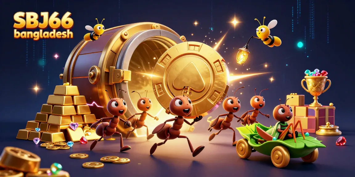 Ants carrying a huge poker chip in SBJ66 bangladesh with spectacles of treasure and glowing gems.