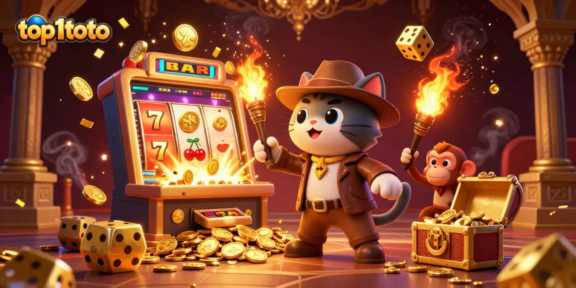 Experience the excitement of top1toto with a playful archaeologist cat discovering casino treasures amidst rolling dice traps.